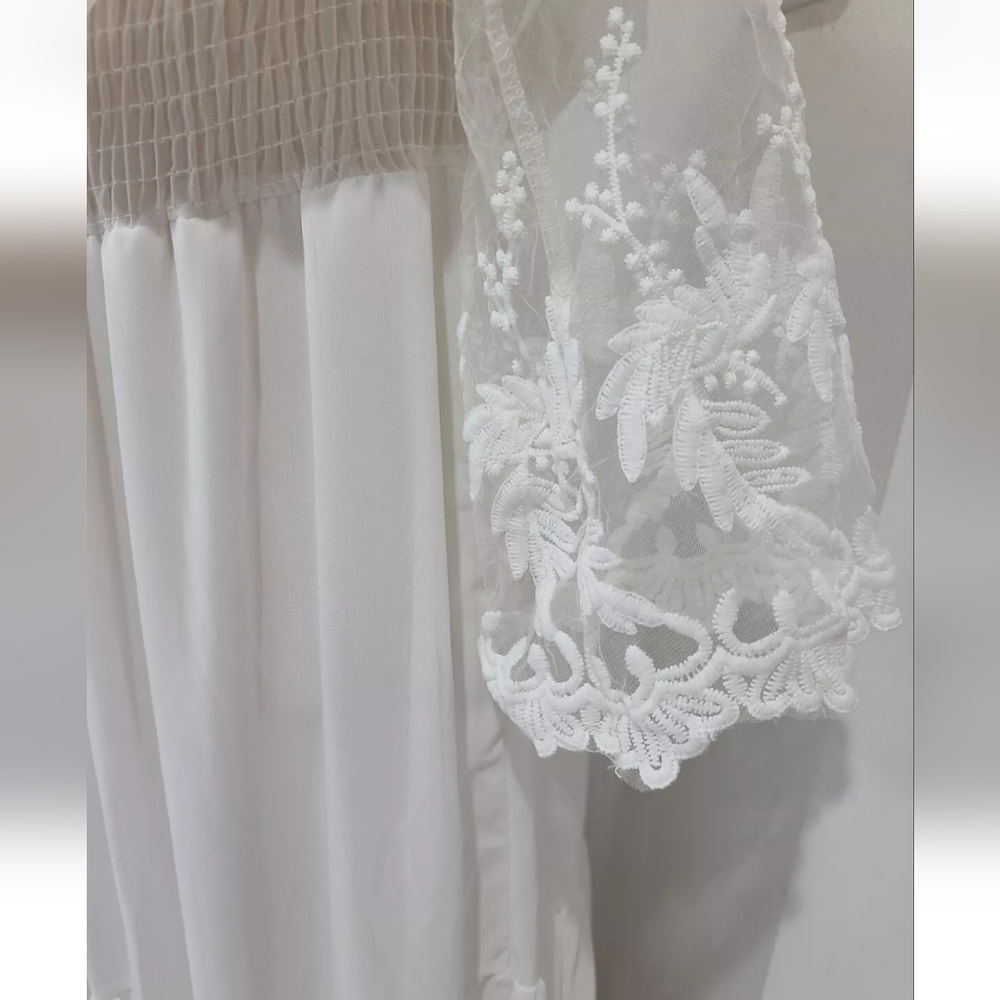 White Maxi Tiered Boho Wedding Festival Embroidered sleeve Dress US Medium - Picture 4 of 5